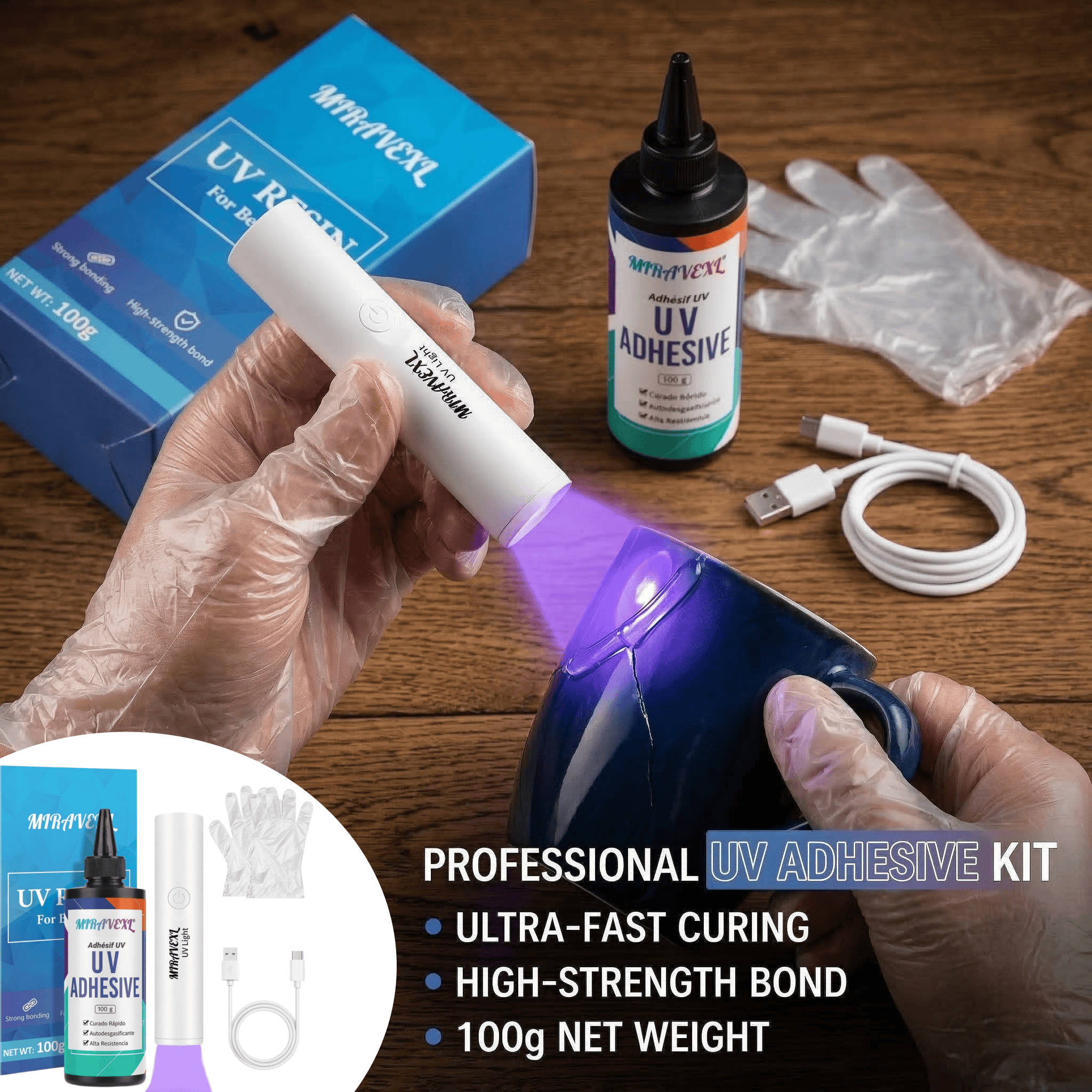 Liquid Uv Glue Kit - Verbeterde UV-harskit met USB-lampje, snel uithardende